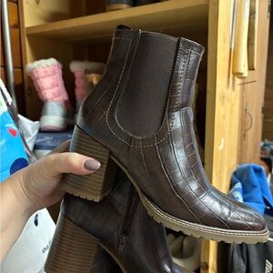 Brown Croc-Embossed Ankle Boots